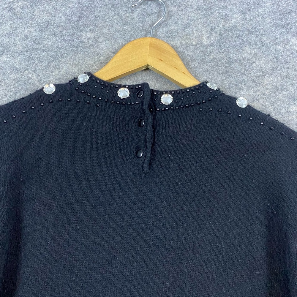 Lindsey Blake Lambswool Angora 80s Vintage Sweater L Black Beaded Rhinestones - Picture 8 of 14